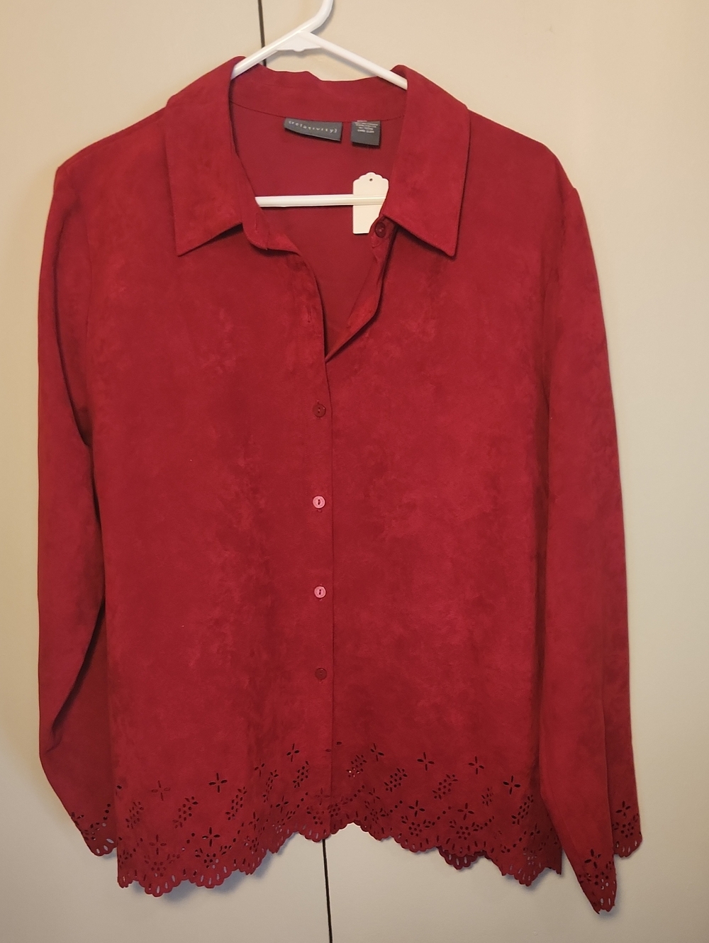 U1 Red Eyelet Hem Button-Front Women's dressy faux suede Jacket